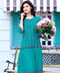 Rama Green Rayon Floral Design Anarkali Kurtis