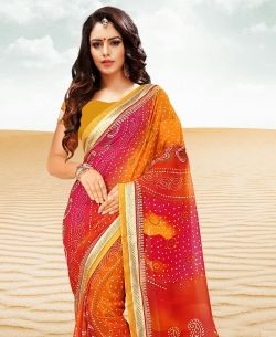 Multi Georgette Printed Bhandej, Lace Border Border Sarees