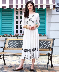 White Rayon Floral Design Anarkali Kurtis