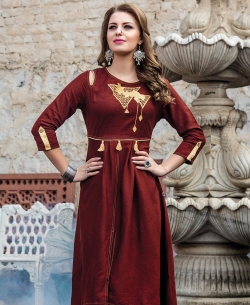 Brown Denim Doby Embroidery Anarkali Kurtis