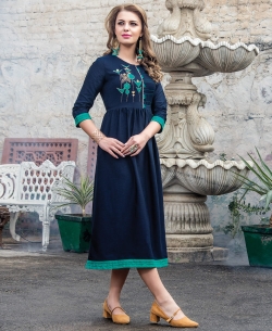Navy Blue Denim Doby Embroidery Anarkali Kurtis
