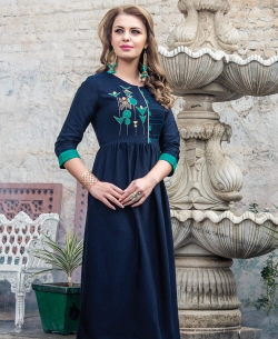 Navy Blue Denim Doby Embroidery Anarkali Kurtis