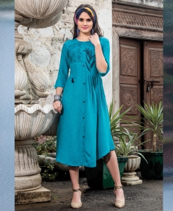 Sky Blue Denim Doby Embroidery Anarkali Kurtis