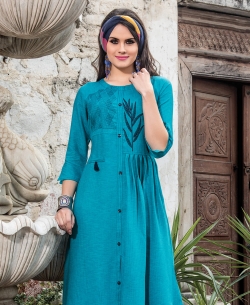 Sky Blue Denim Doby Embroidery Anarkali Kurtis