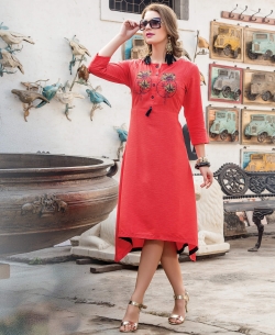 Peach Denim Doby Embroidery Anarkali Kurtis