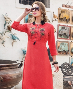 Peach Denim Doby Embroidery Anarkali Kurtis