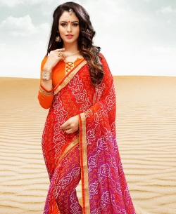 Red And Pink Georgette Printed Bhandej, Lace Border Border Sarees