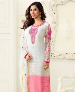 White Georgette Braso Zari And Thread Embroidered, Stone Work, Brasso Straight Suits