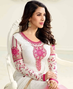 White Georgette Braso Zari And Thread Embroidered, Stone Work, Brasso Straight Suits