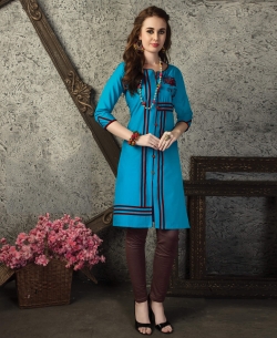 Sky Blue Cotton Printed Straight Cut Kurtis