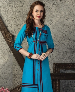 Sky Blue Cotton Printed Straight Cut Kurtis