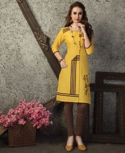Yellow Cotton Printed Straight Cut Kurtis