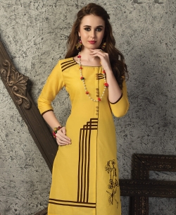 Yellow Cotton Printed Straight Cut Kurtis