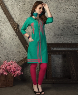 Rama Green Cotton Printed Straight Cut Kurtis