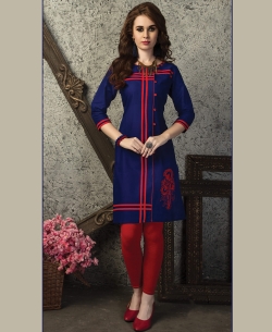 Navy Blue Cotton Printed Straight Cut Kurtis