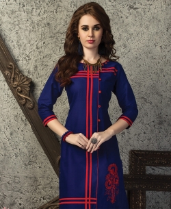Navy Blue Cotton Printed Straight Cut Kurtis