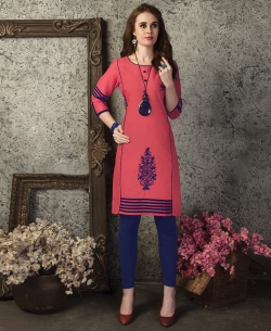 Peach Cotton Printed Straight Cut Kurtis