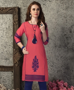 Peach Cotton Printed Straight Cut Kurtis