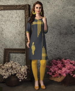 Grey Cotton Printed Straight Cut Kurtis