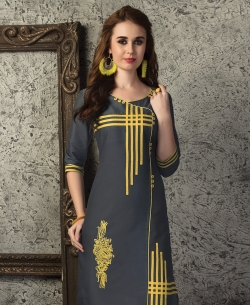 Grey Cotton Printed Straight Cut Kurtis