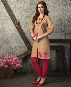 Beige Cotton Printed Straight Cut Kurtis