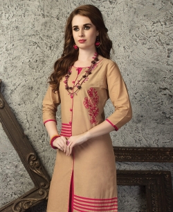 Beige Cotton Printed Straight Cut Kurtis
