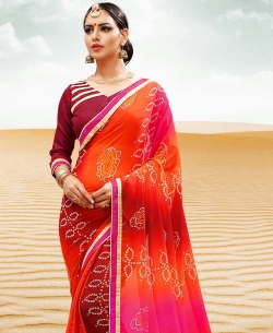 Multi Georgette Printed Bhandej, Lace Border Border Sarees