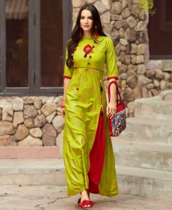 Green Rayon Printed Anarkali Kurtis