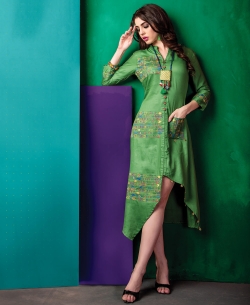 Green Cotton Satin Embroidery Anarkali Kurtis