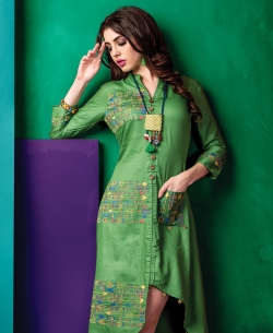 Green Cotton Satin Embroidery Anarkali Kurtis