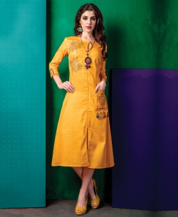 Yellow Cotton Satin Embroidery Anarkali Kurtis