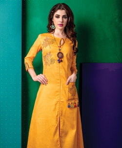 Yellow Cotton Satin Embroidery Anarkali Kurtis