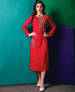 Red Cotton Satin Embroidery Anarkali Kurtis