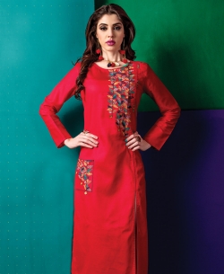 Red Cotton Satin Embroidery Anarkali Kurtis