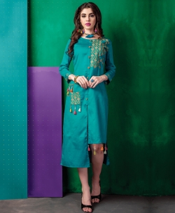 Rama Green Cotton Satin Embroidery Anarkali Kurtis