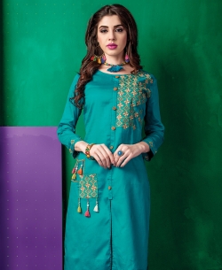 Rama Green Cotton Satin Embroidery Anarkali Kurtis