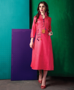 Peach Cotton Satin Embroidery Anarkali Kurtis