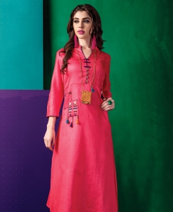 Peach Cotton Satin Embroidery Anarkali Kurtis