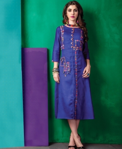 Blue Cotton Satin Embroidery Anarkali Kurtis