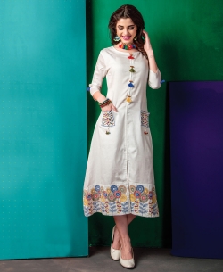 White Cotton Satin Embroidery Anarkali Kurtis