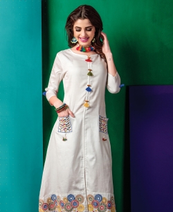 White Cotton Satin Embroidery Anarkali Kurtis