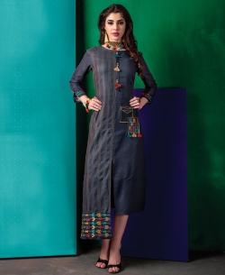Blue Cotton Satin Embroidery Anarkali Kurtis