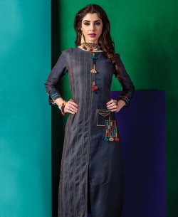 Blue Cotton Satin Embroidery Anarkali Kurtis