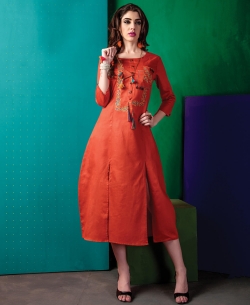 Orange Cotton Satin Embroidery Anarkali Kurtis