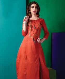 Orange Cotton Satin Embroidery Anarkali Kurtis