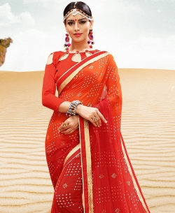 Red And Orange Georgette Printed Bhandej, Lace Border Border Sarees