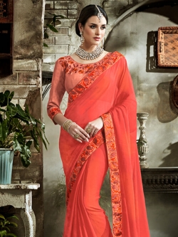 Peach Fancy Fabric Embroidery Border Sarees