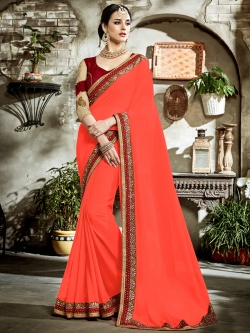 Peach Fancy Fabric Embroidery Border Sarees