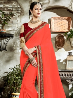 Peach Fancy Fabric Embroidery Border Sarees