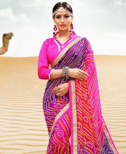 Multi Georgette Printed Bhandej, Lace Border Border Sarees